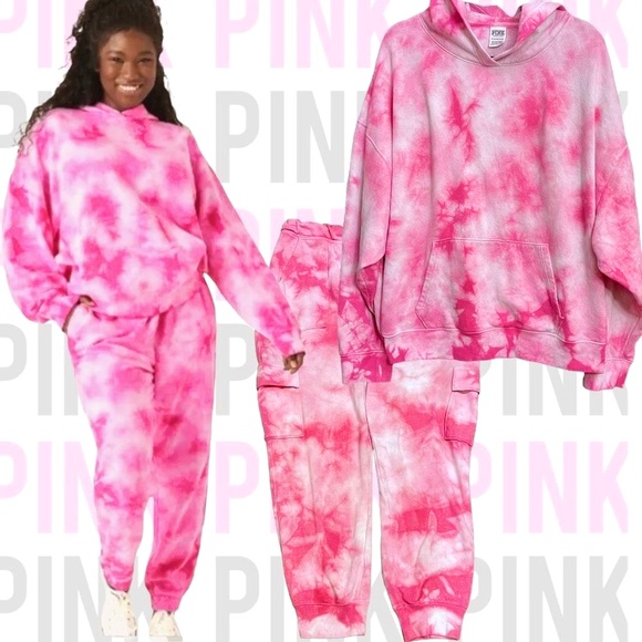 PINK Victoria's Secret Pants - VS PINK Pink Tie Dye Cargo Joggers & Oversized Pulllver Sweatshirt Set Size XL